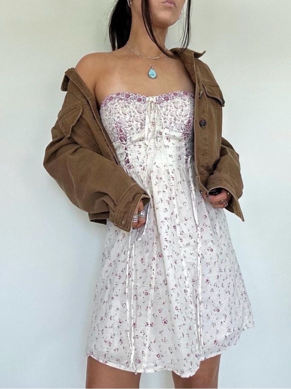 American Eagle Outfitters Cream Strapless Floral Mini Dress with Pink Accents